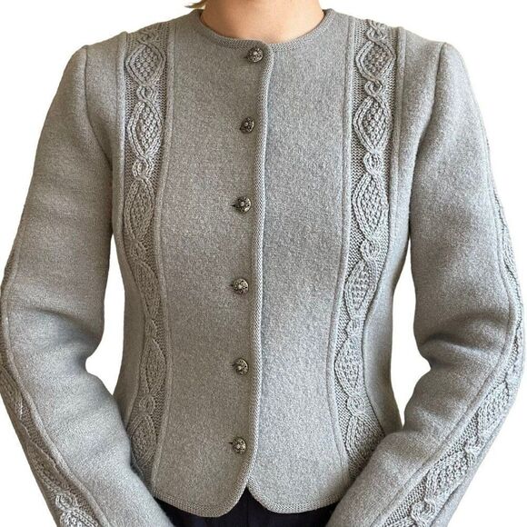 Vintage 80s Womens Woodstock Boiled Wool Gray Bavarian Cable Knit Cardigan Sz M - Picture 4 of 8